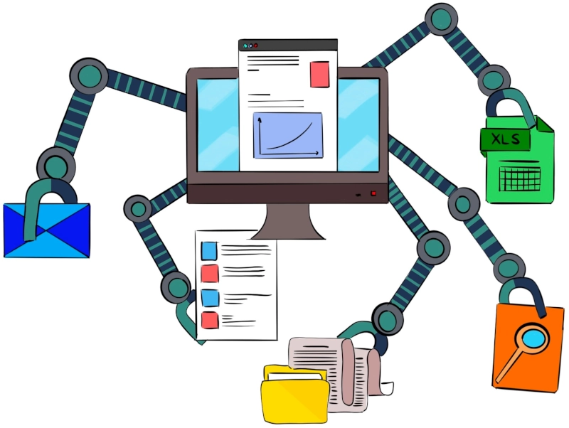 ilustracja pokazująca robota RPA wykonującego pracę na komputerze